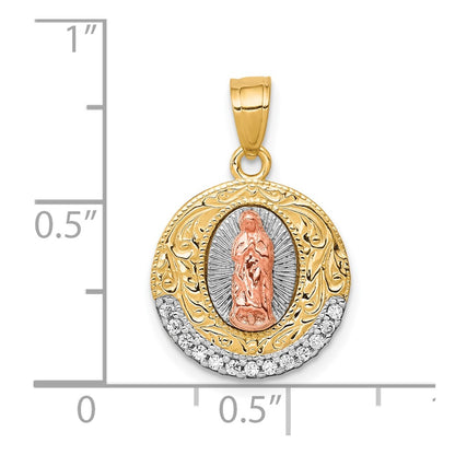 10K Two-Tone and White Rhodium CZ Round Our Lady Of Guadalupe Pendant