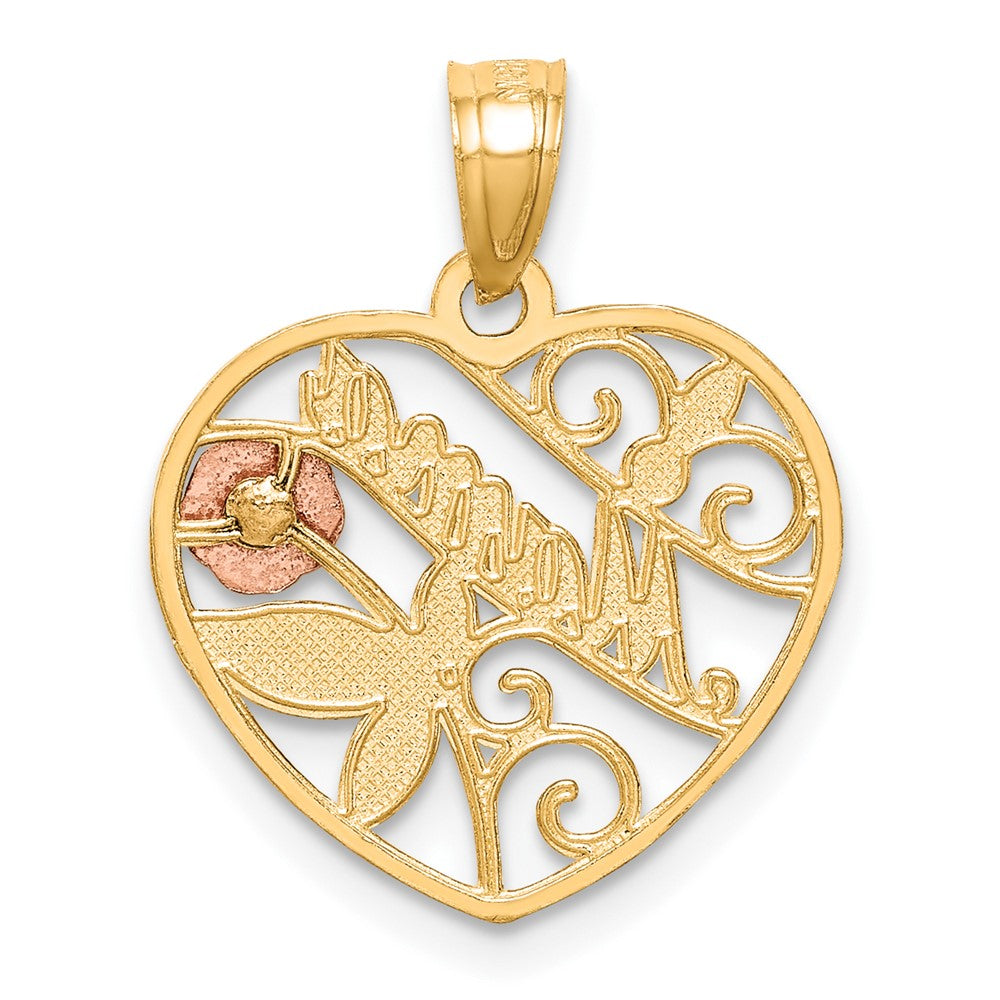 10K Two-Tone and White Rhodium Diamond-cut MAMA in Heart Pendant