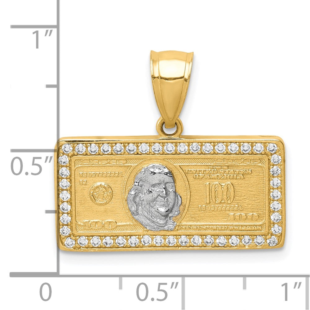 10K and White Rhodium CZ Micropave 100 Dollar Bill Pendant