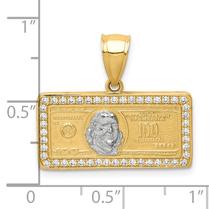 10K and White Rhodium CZ Micropave 100 Dollar Bill Pendant