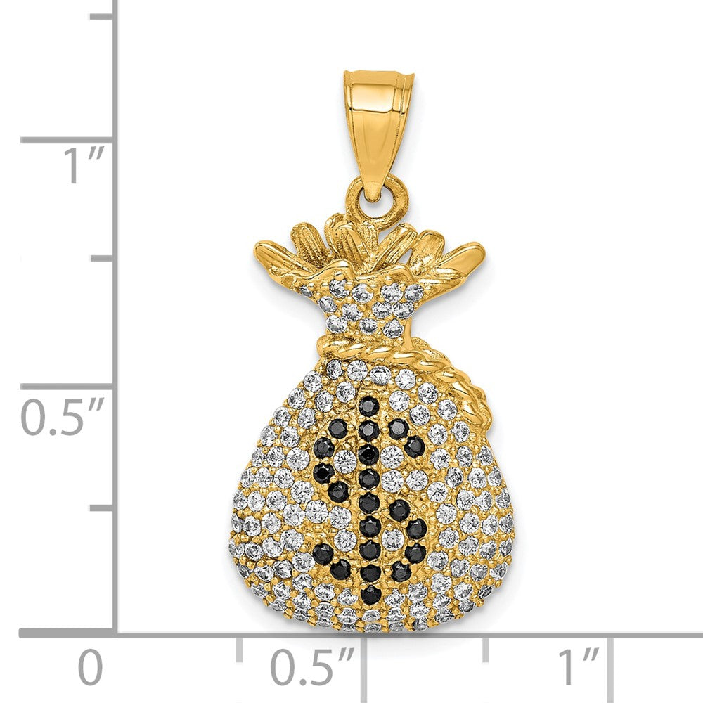 10K Black and Clear CZ Micro Pave Money Bag with Dollar Sign Pendant