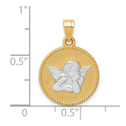 10K and White Rhodium Polished and Textured Round Angel Pendant