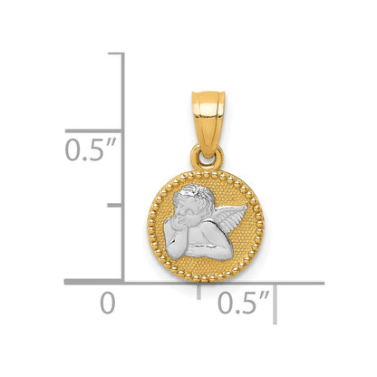10K and White Rhodium Small Polished and Textured Round Angel Pendant