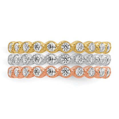 10K Tri-color Set of Three Stackable Clear CZ Rings