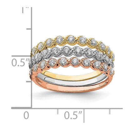 10K Tri-color Set of Three Stackable Clear CZ Rings