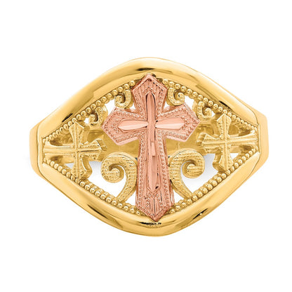 10K Two-Tone Filigree Cross Ring