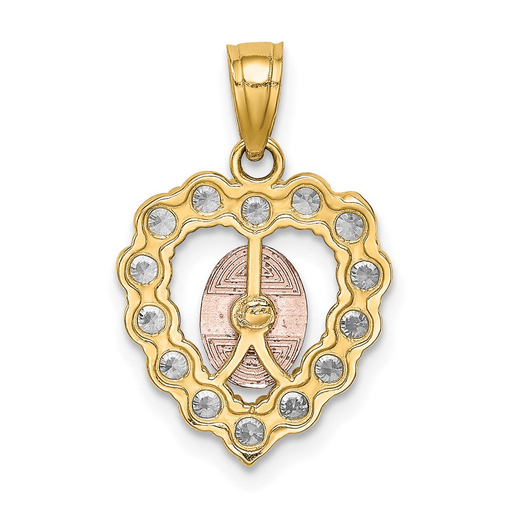 10K Two-Tone and White Rhodium CZ Our Lady of Guadalupe Heart Pendant