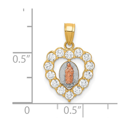10K Two-Tone and White Rhodium CZ Our Lady of Guadalupe Heart Pendant