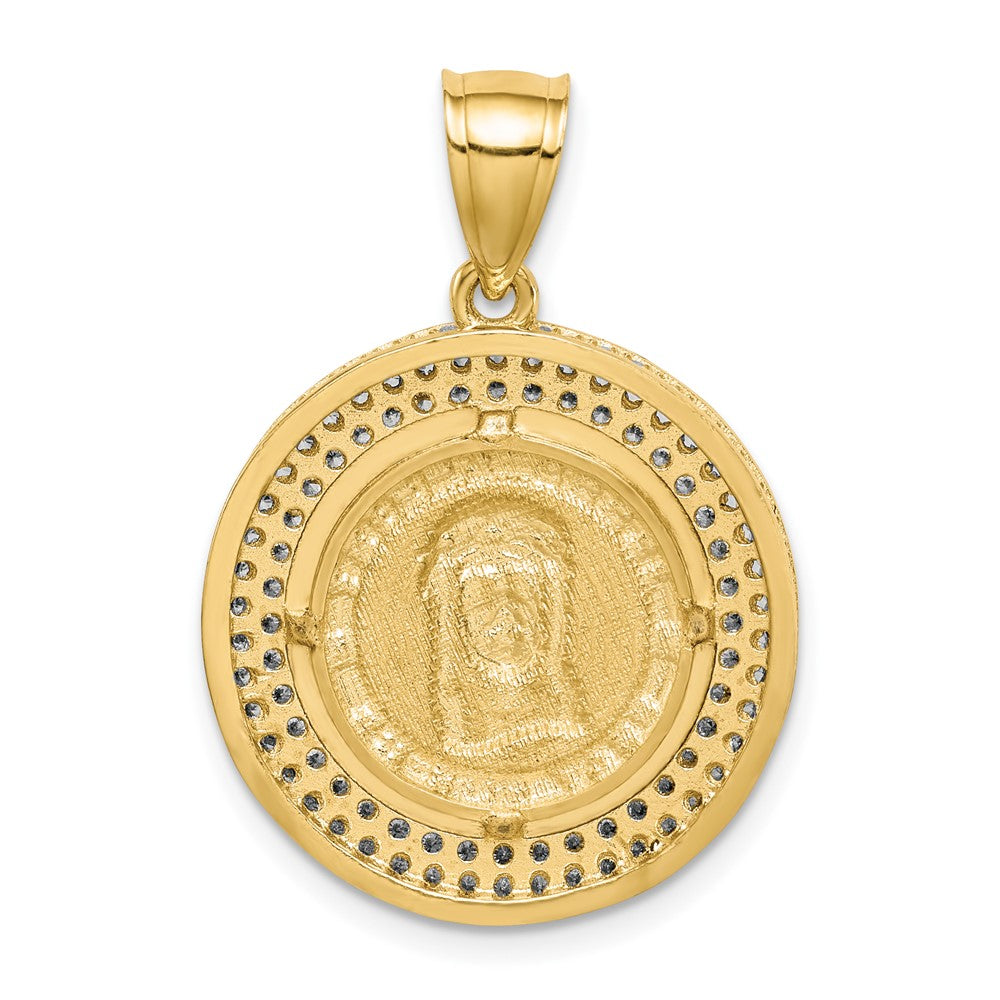 10K and White Rhodium CZ Channel Edge Pave Jesus Face Medal Pendant