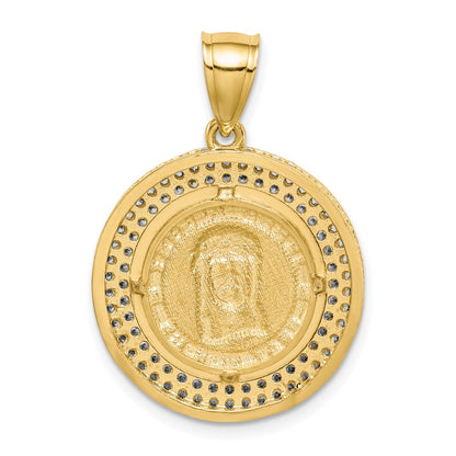 10K and White Rhodium CZ Channel Edge Pave Jesus Face Medal Pendant