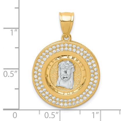 10K and White Rhodium CZ Channel Edge Pave Jesus Face Medal Pendant