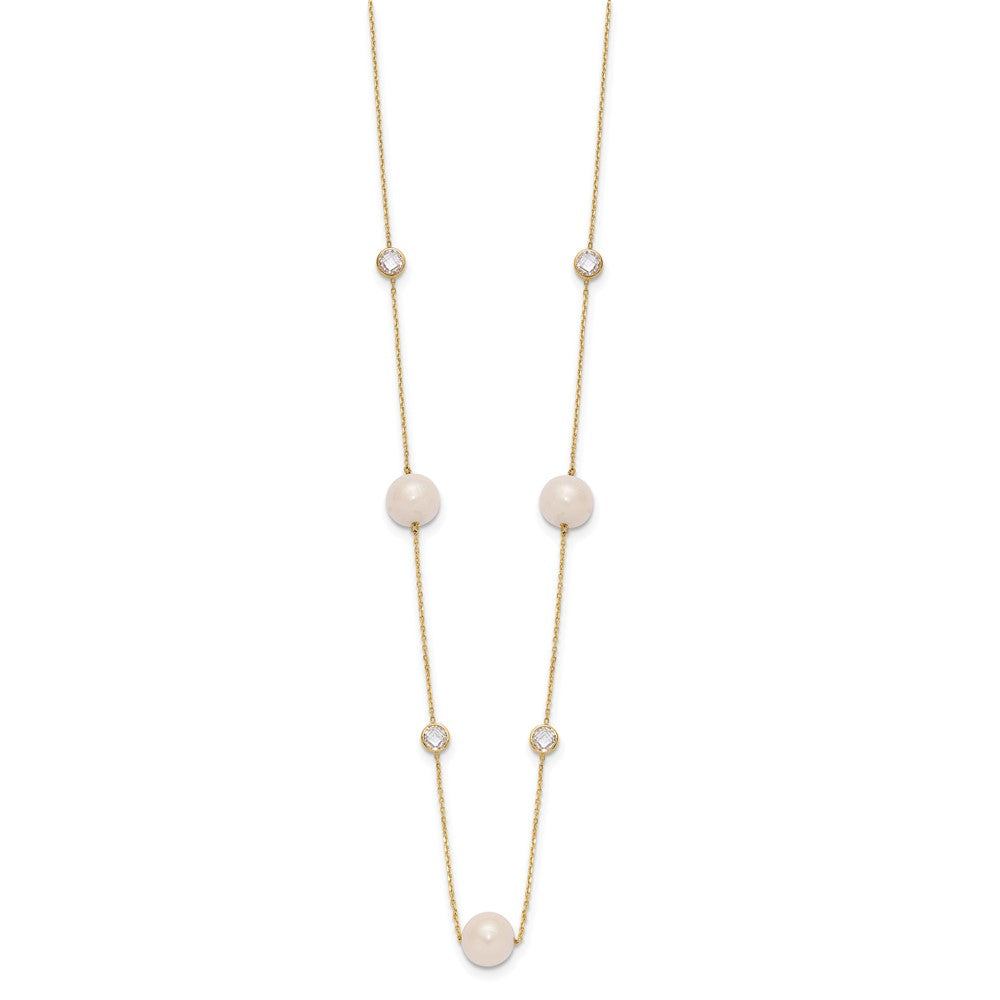 10K Bezel-set CZ and 7-8mm White Semi-Round Freshwater Cultured Pearl 7-Station 20 inch Necklace