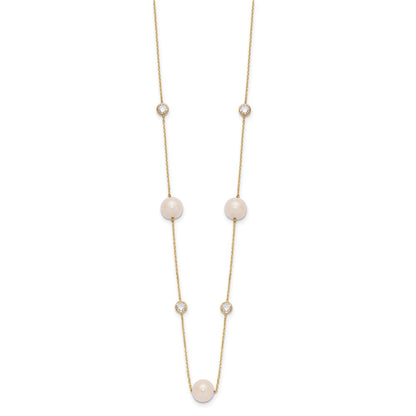 10K Bezel-set CZ and 7-8mm White Semi-Round Freshwater Cultured Pearl 7-Station 20 inch Necklace