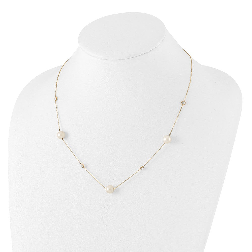 10K Bezel-set CZ and 7-8mm White Semi-Round Freshwater Cultured Pearl 7-Station 20 inch Necklace