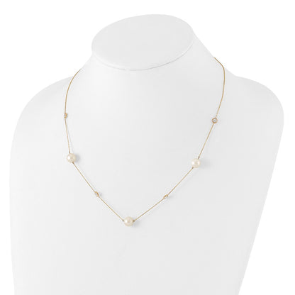 10K Bezel-set CZ and 7-8mm White Semi-Round Freshwater Cultured Pearl 7-Station 20 inch Necklace