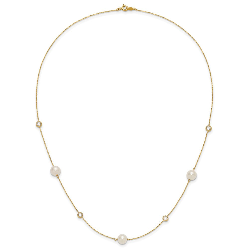 10K Bezel-set CZ and 7-8mm White Semi-Round Freshwater Cultured Pearl 7-Station 20 inch Necklace