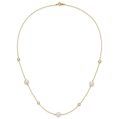 10K Bezel-set CZ and 7-8mm White Semi-Round Freshwater Cultured Pearl 7-Station 20 inch Necklace