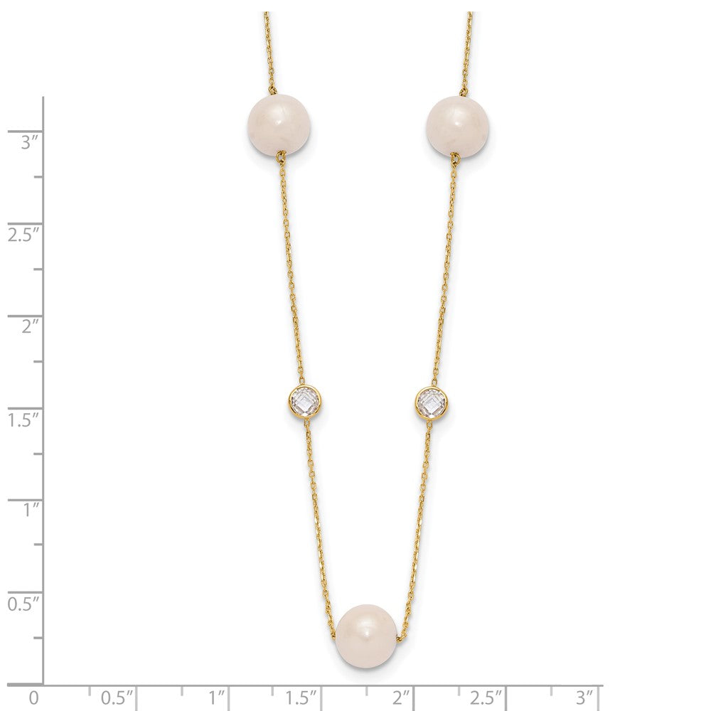 10K Bezel-set CZ and 7-8mm White Semi-Round Freshwater Cultured Pearl 7-Station 20 inch Necklace