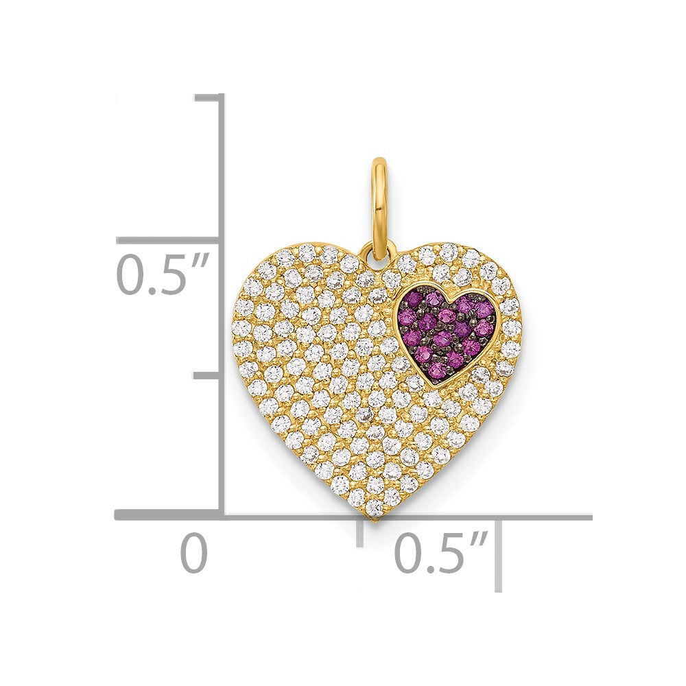 10K Polished Micro-Pave Clear and Red CZ Heart Charm
