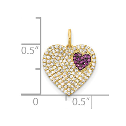 10K Polished Micro-Pave Clear and Red CZ Heart Charm