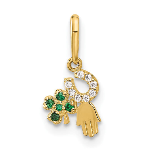 10K Polished Clover / CZ Horseshoe / Hamsa Good Luck Pendant