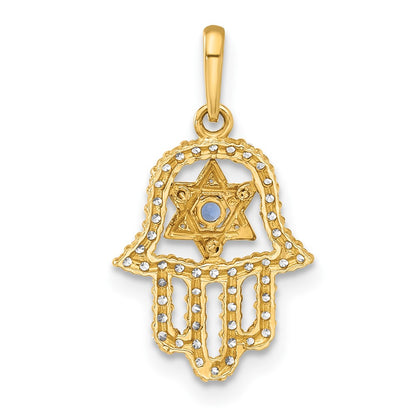 10K Polished Blue and Clear CZ Star of David Hamsa Charm