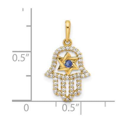 10K Polished Blue and Clear CZ Star of David Hamsa Charm