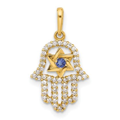 10K Polished Blue and Clear CZ Star of David Hamsa Charm