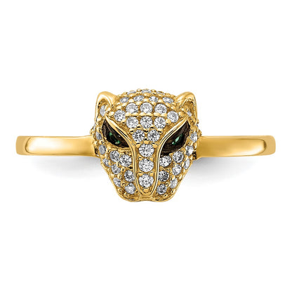 10K Polished Clear and Green CZ Lioness Head Ring