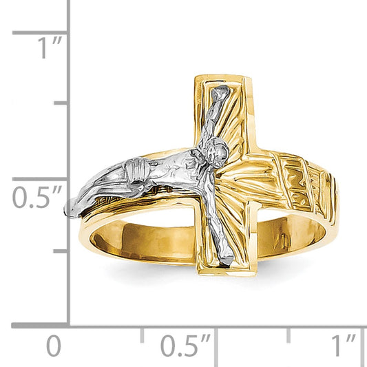 10k Two-tone Polished Diamond-Cut Mens Crucifix Ring