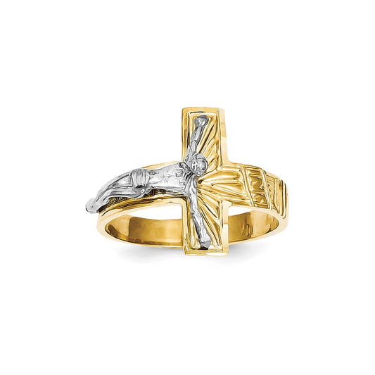 10k Two-tone Polished & Diamond-Cut Mens Crucifix Ring