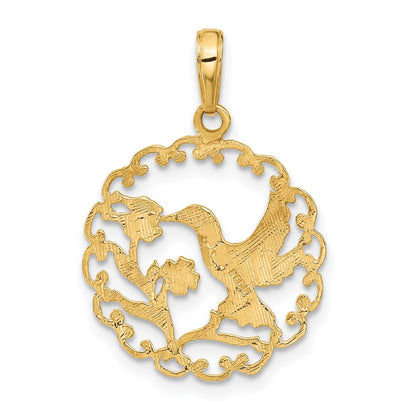 10k Hummingbird with Flower in Round Frame Pendant