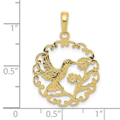 10k Hummingbird with Flower in Round Frame Pendant