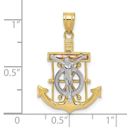 10k Tri-color Diamond-cut Textured Mariners Crucifix Pendant