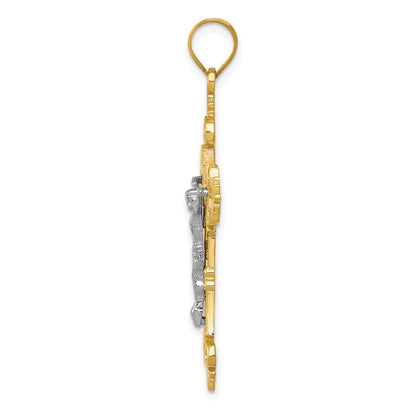 10K Two-tone Large Lacey-edged INRI Crucifix Pendant