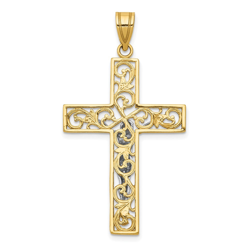 10K Two-tone D/C Large Block Filigree Cross w/Crucifix Pendant