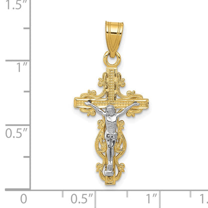 10K Two-tone Textured Filigree Edge Crucifix Pendant