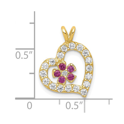 10k Red and Clear CZ Heart and Flower Pendant