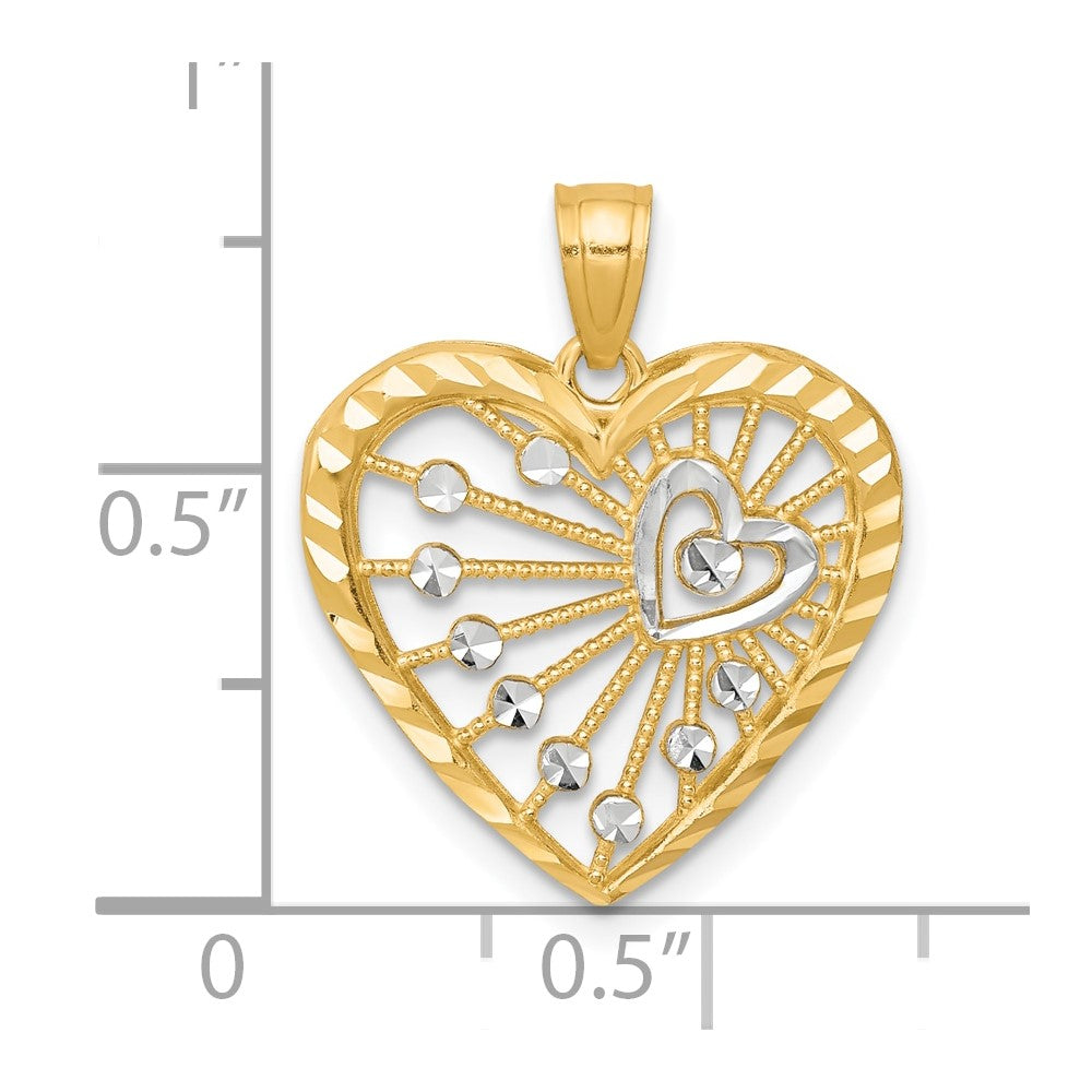 10K and White Rhodium Filigree Heart Charm