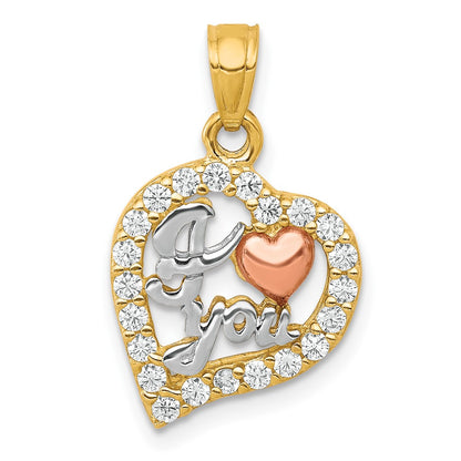 10K Two-Tone and White Rhodium I Heart YOU CZ Heart Pendant