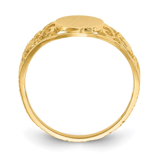 10k 8.5x7.5mm Oval Satin Open Back Filigree Signet Ring