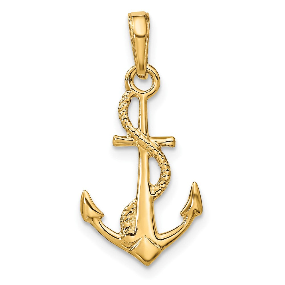 10K Solid Polished 3-D Anchor with Rope Pendant