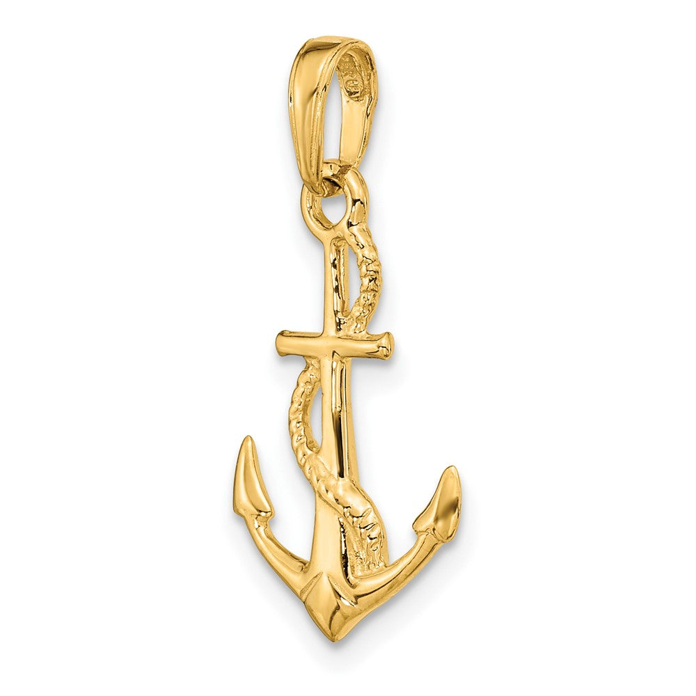 10K Solid Polished 3-D Anchor with Rope Pendant