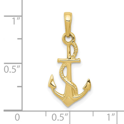 10K Solid Polished 3-D Anchor with Rope Pendant