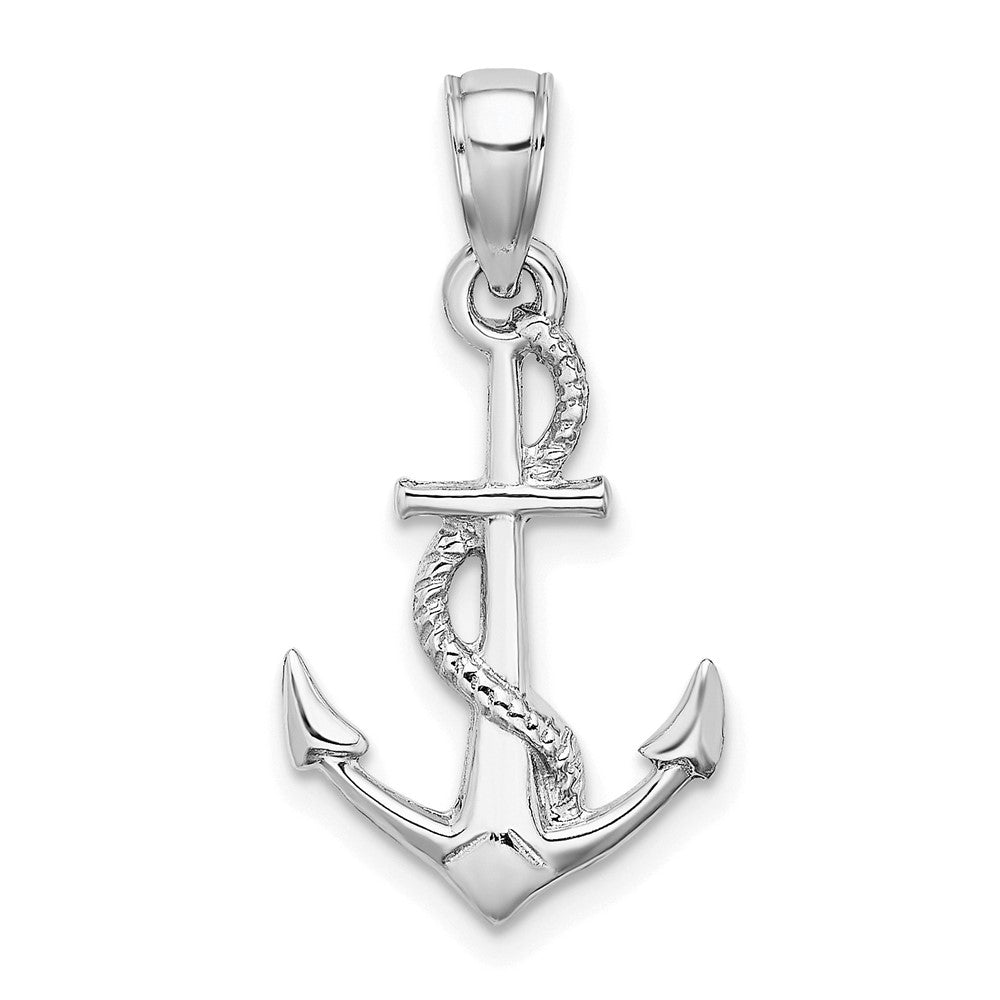 10K White Gold Solid Polished 3-D Anchor with Rope Pendant