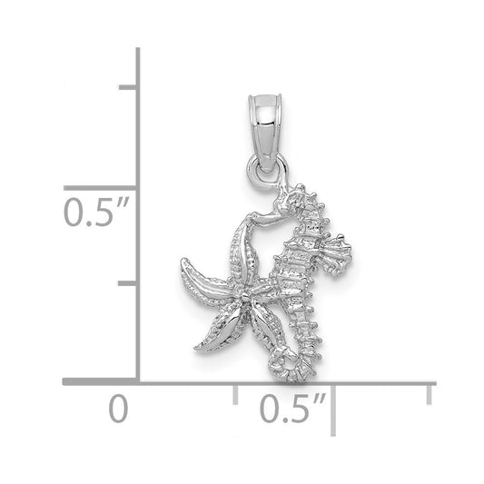 10K White Gold Solid Seahorse and Starfish Pendant
