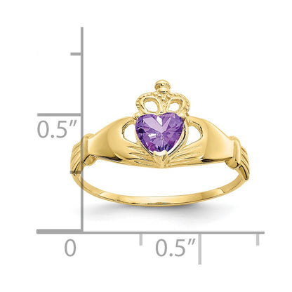 10k CZ February Purple Birthstone Claddagh Heart Ring