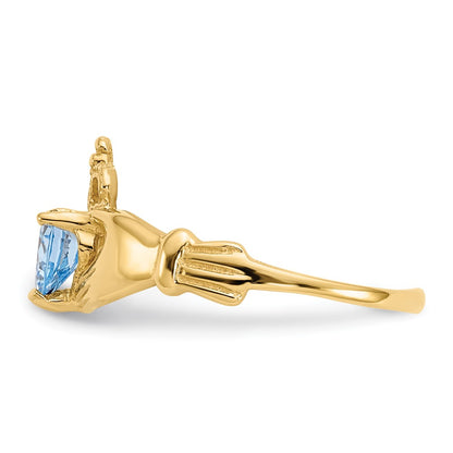 10k CZ March Light Blue Birthstone Claddagh Heart Ring