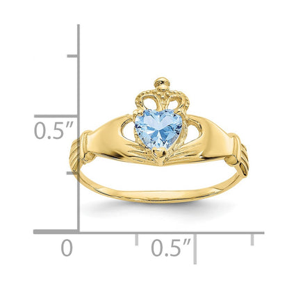 10k CZ March Light Blue Birthstone Claddagh Heart Ring