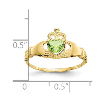 10k CZ August Light Green Birthstone Claddagh Heart Ring